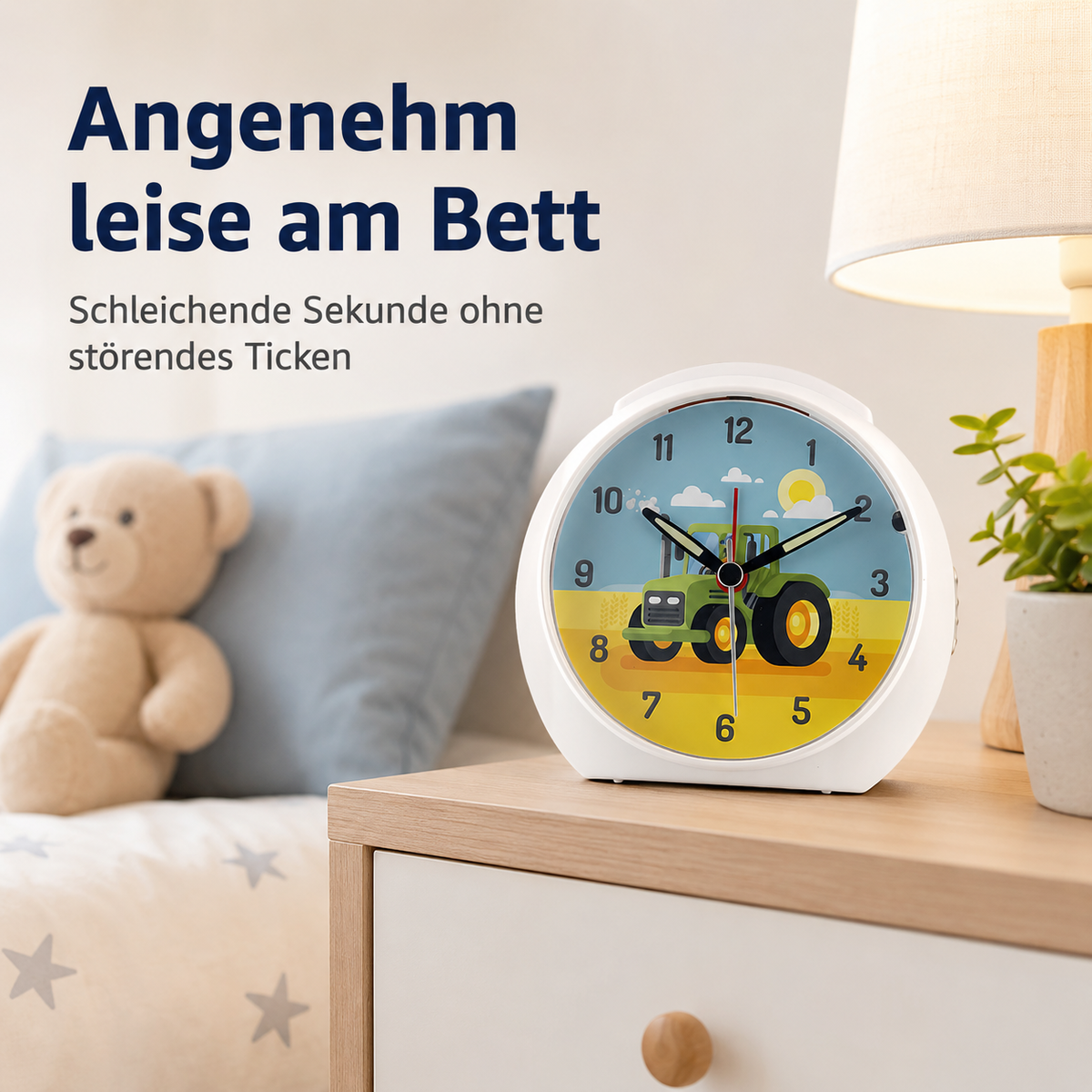 Kinder-Quarzwecker mit Traktormotiv, schleichender Sekunde, Licht & Snooze – 20113
