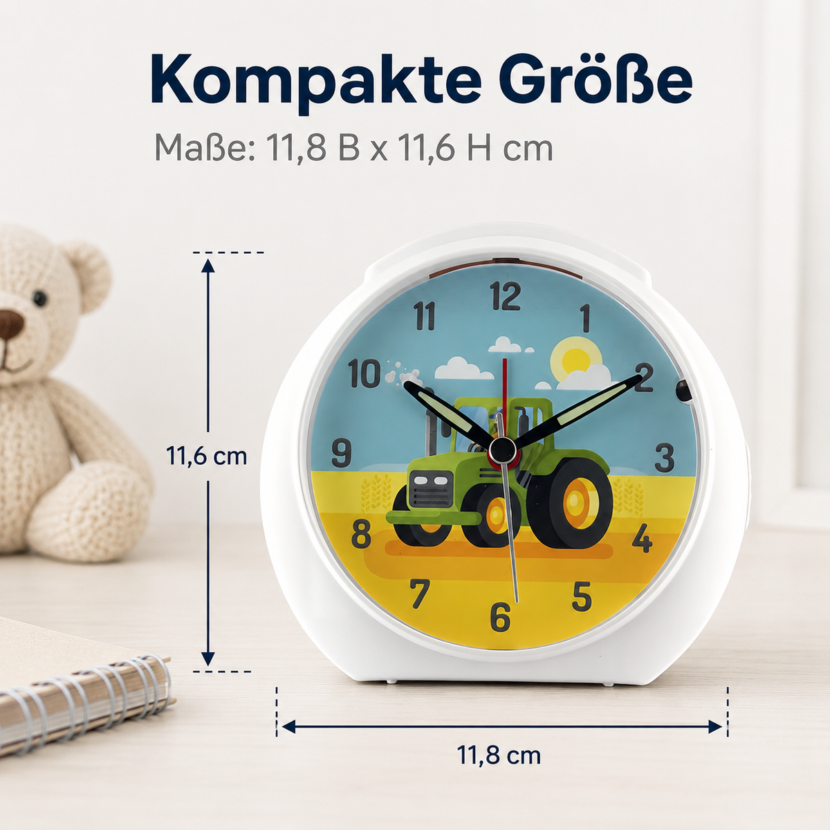 Kinder-Quarzwecker mit Traktormotiv, schleichender Sekunde, Licht & Snooze – 20113