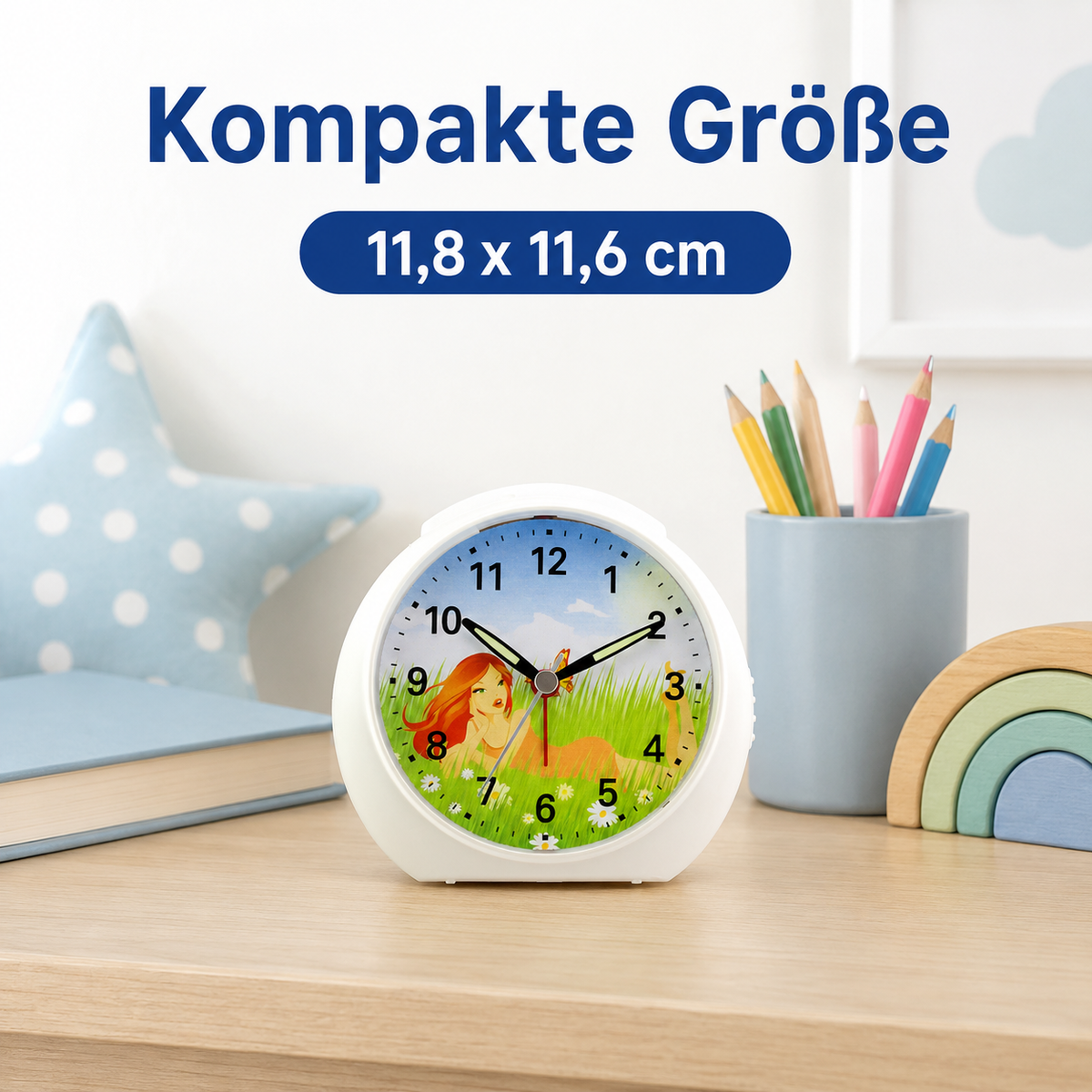 Kinder-Quarzwecker mit Feenmotiv, schleichender Sekunde, Licht & Snooze – 20123