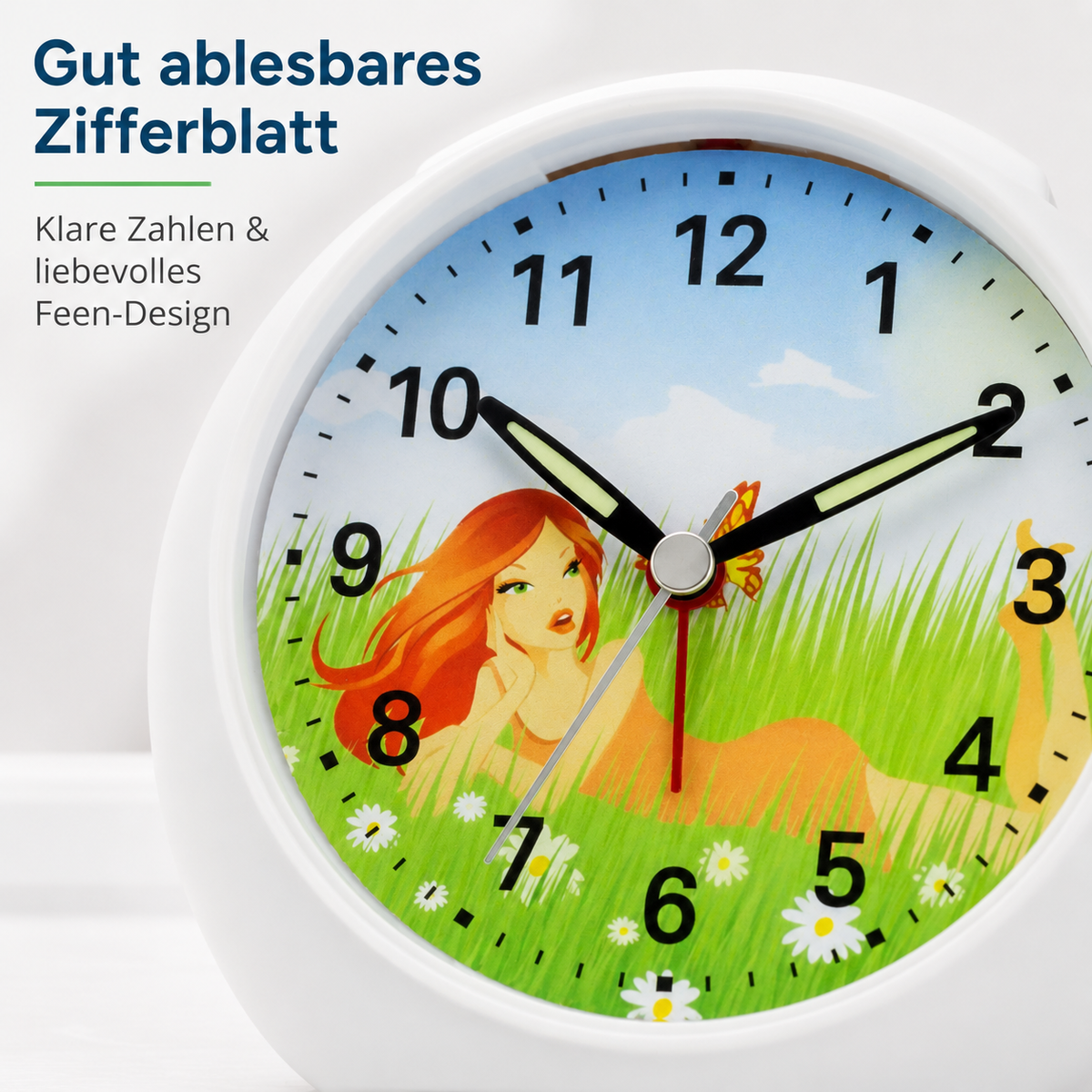 Kinder-Quarzwecker mit Feenmotiv, schleichender Sekunde, Licht & Snooze – 20123