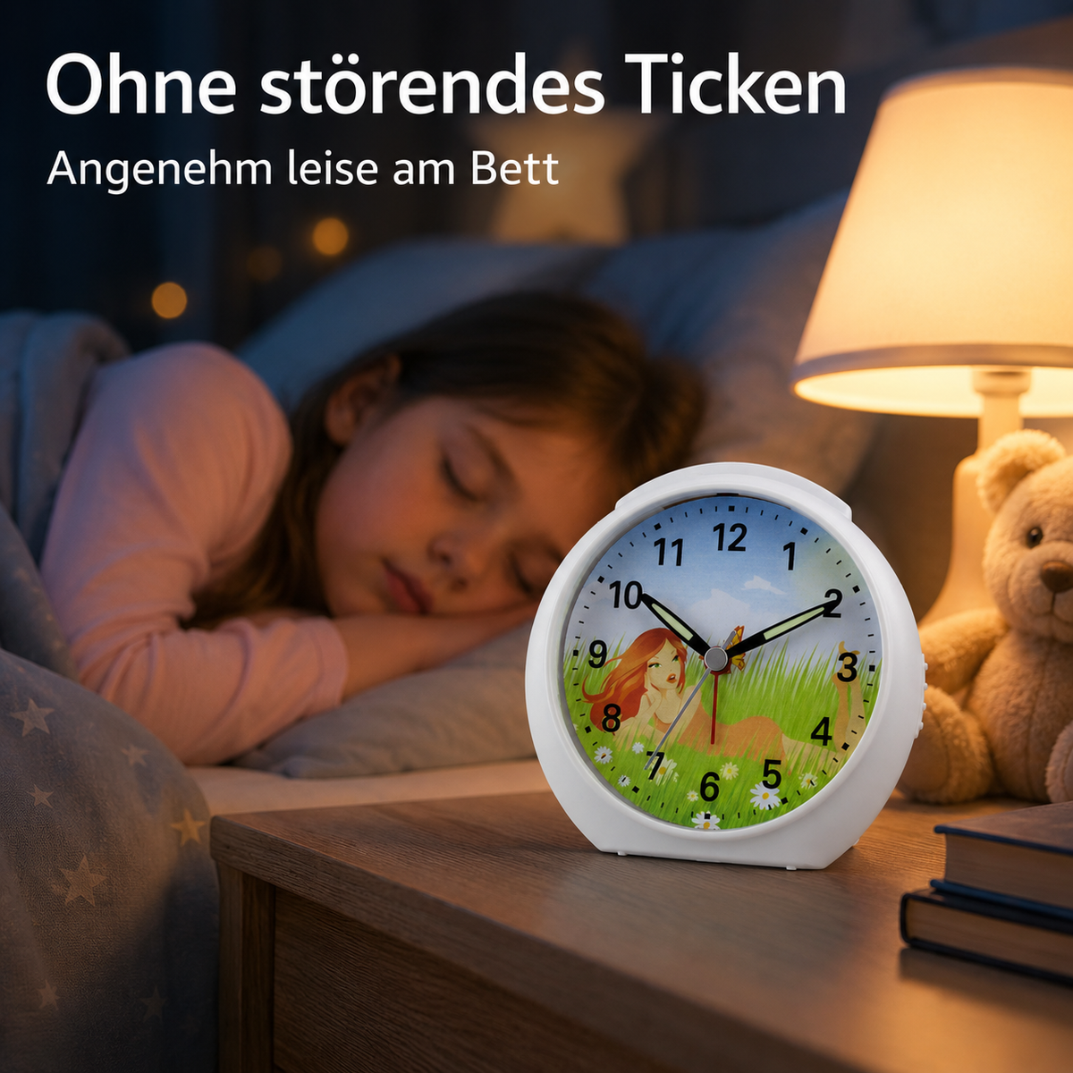 Kinder-Quarzwecker mit Feenmotiv, schleichender Sekunde, Licht & Snooze – 20123