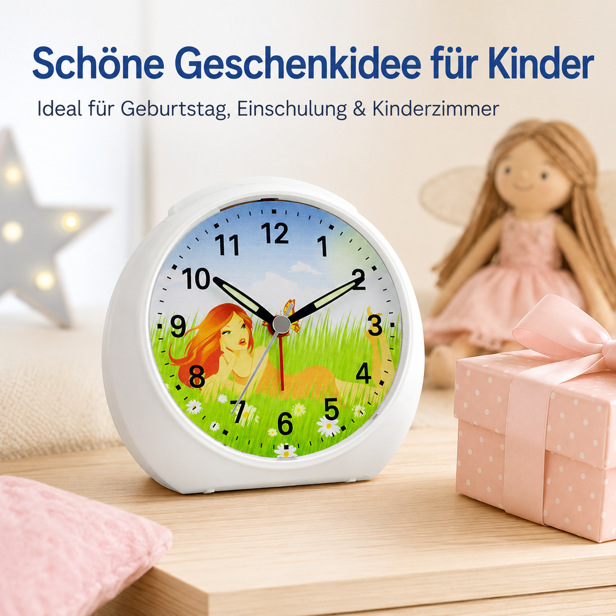 Kinder-Quarzwecker mit Feenmotiv, schleichender Sekunde, Licht & Snooze – 20123
