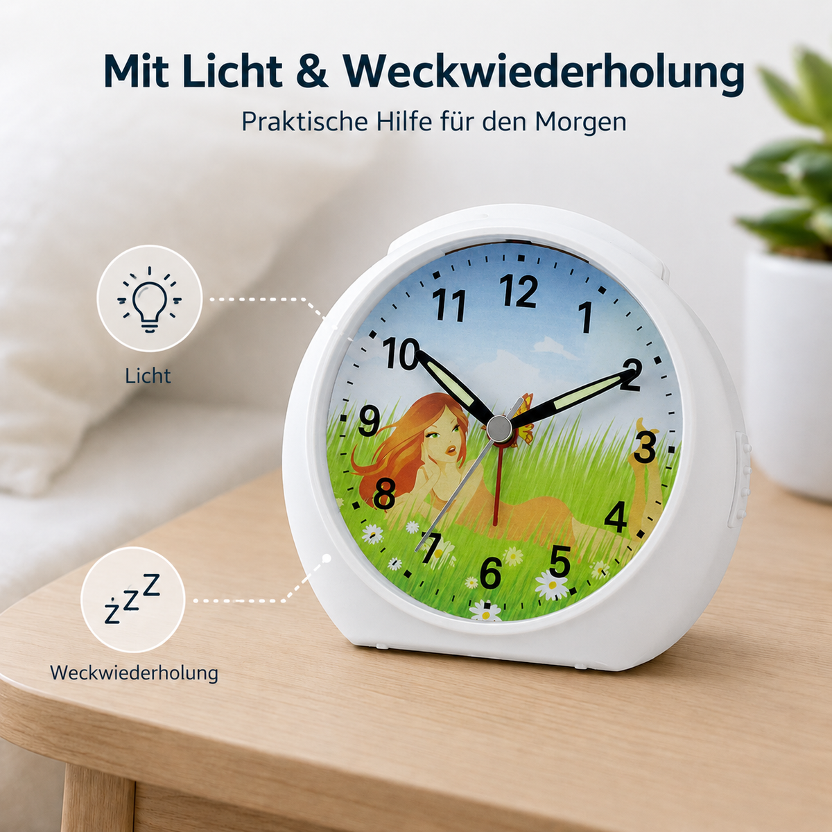 Kinder-Quarzwecker mit Feenmotiv, schleichender Sekunde, Licht & Snooze – 20123