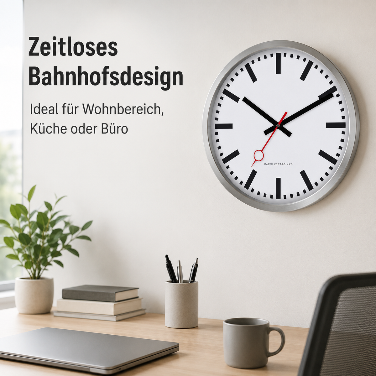 Funkwanduhr im Bahnhofsdesign, 35 cm, Metall und Echtglas - 59530