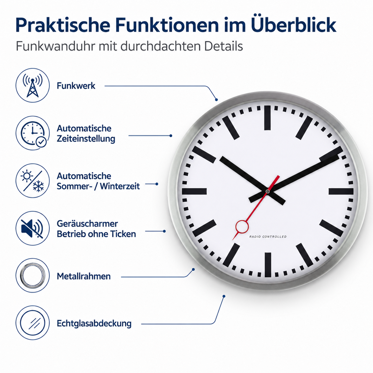 Funkwanduhr im Bahnhofsdesign, 35 cm, Metall und Echtglas - 59530