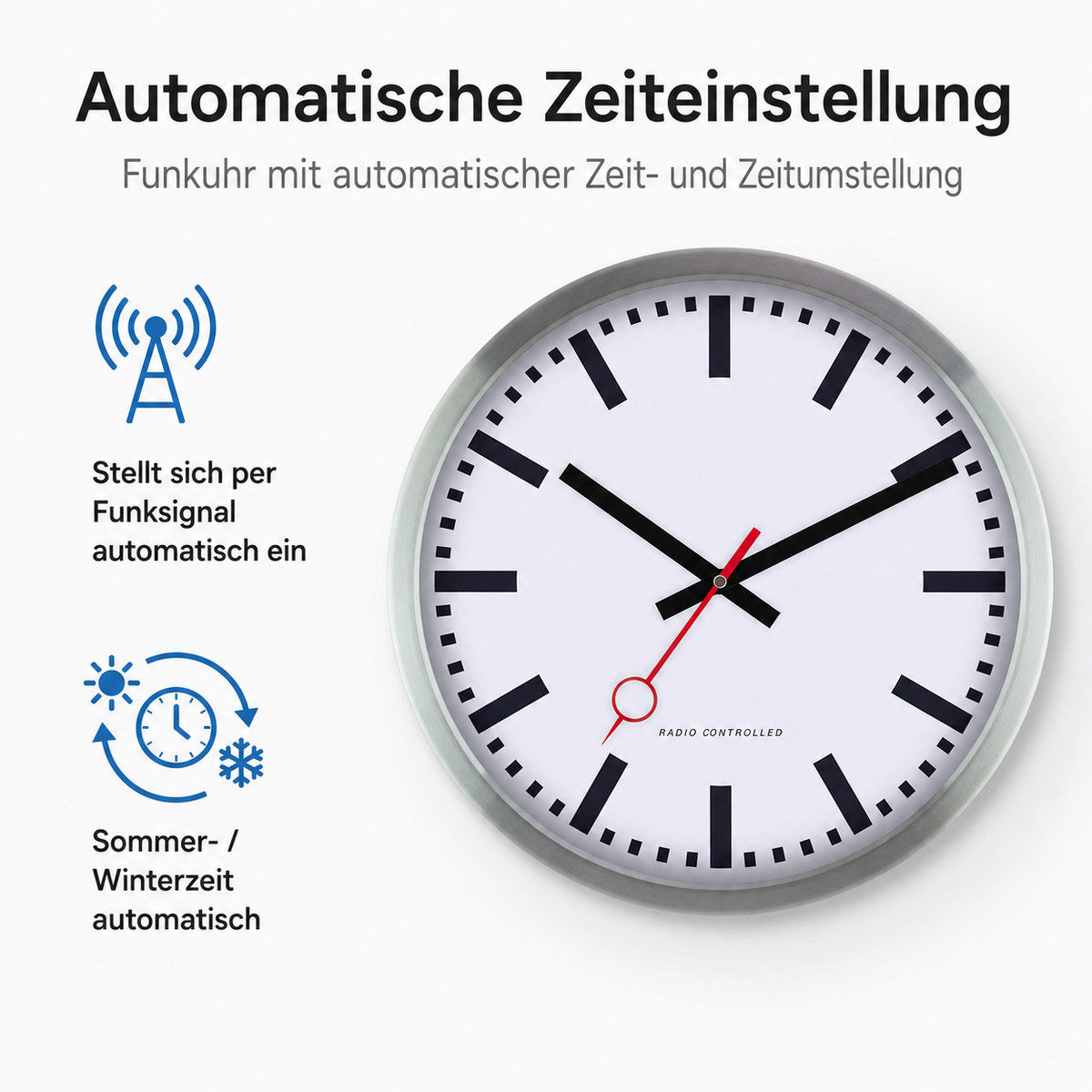 Funkwanduhr im Bahnhofsdesign, 35 cm, Metall und Echtglas - 59530