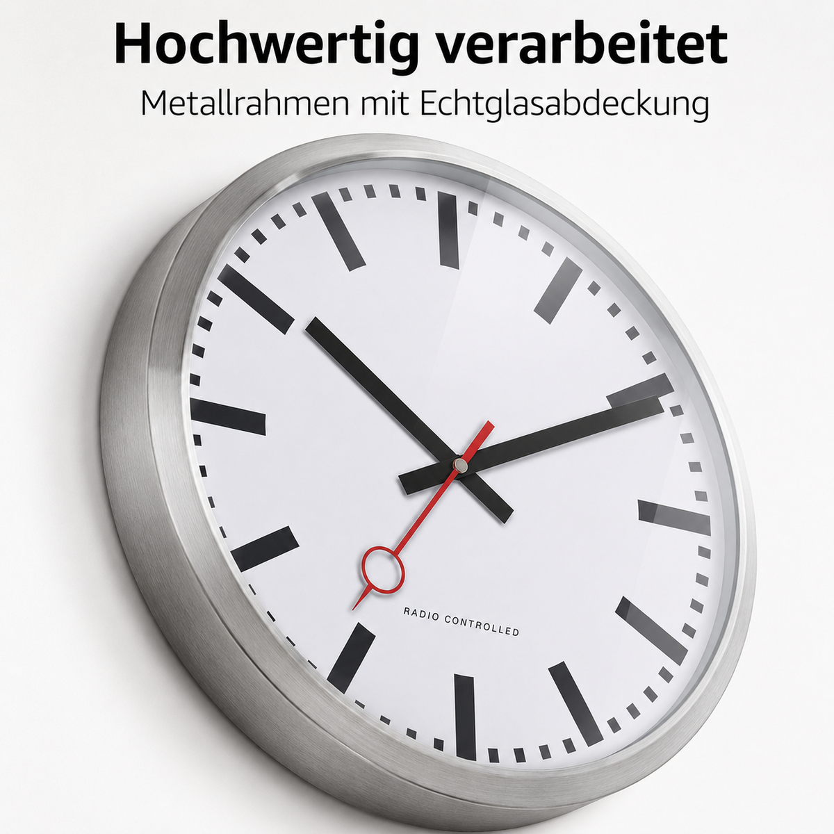 Funkwanduhr im Bahnhofsdesign, 35 cm, Metall und Echtglas - 59530