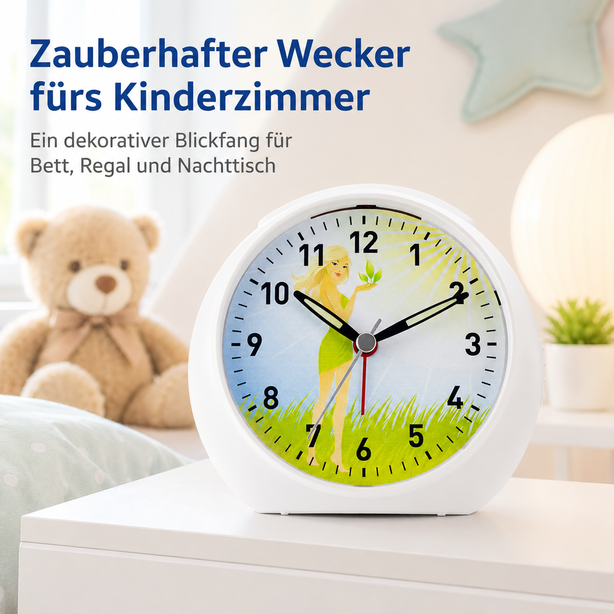 Kinder-Quarzwecker mit Feenmotiv, schleichender Sekunde, Licht & Snooze – 20122