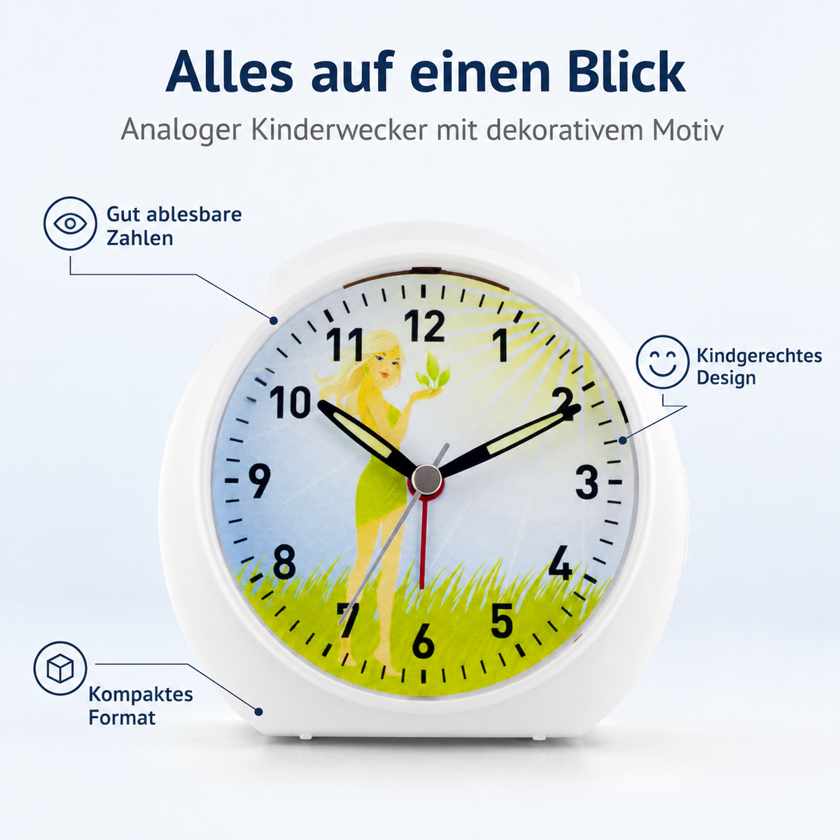 Kinder-Quarzwecker mit Feenmotiv, schleichender Sekunde, Licht & Snooze – 20122
