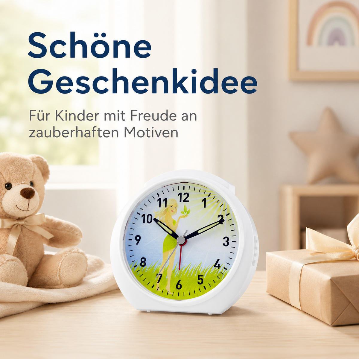 Kinder-Quarzwecker mit Feenmotiv, schleichender Sekunde, Licht & Snooze – 20122