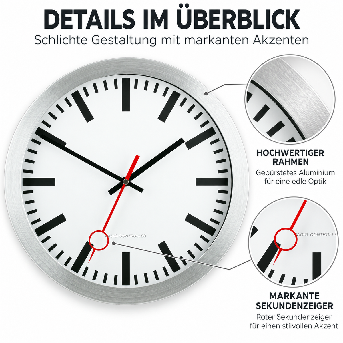 Funkwanduhr im Bahnhofsdesign, 30 cm, Aluminium und Echtglas – 59002