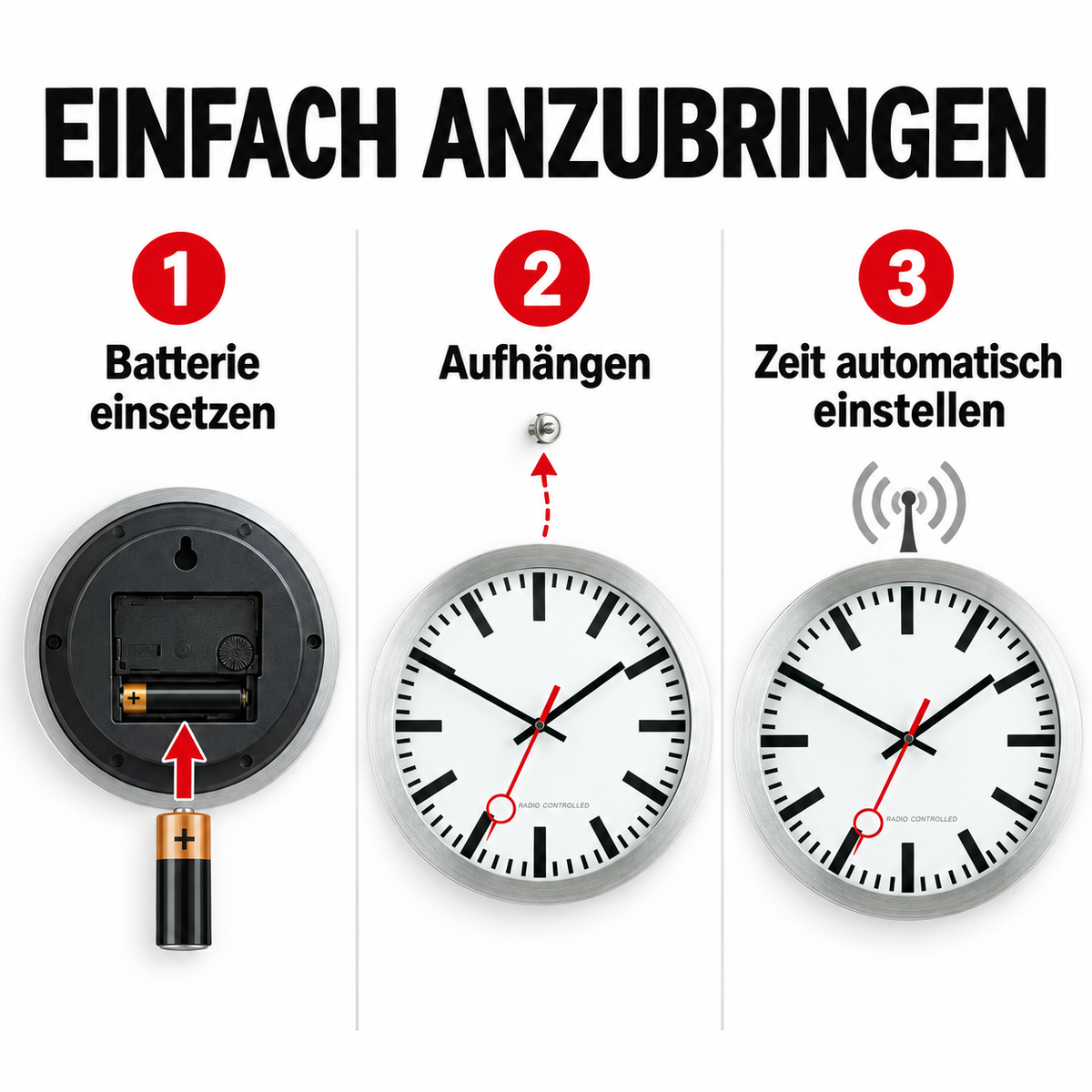 Funkwanduhr im Bahnhofsdesign, 30 cm, Aluminium und Echtglas – 59002