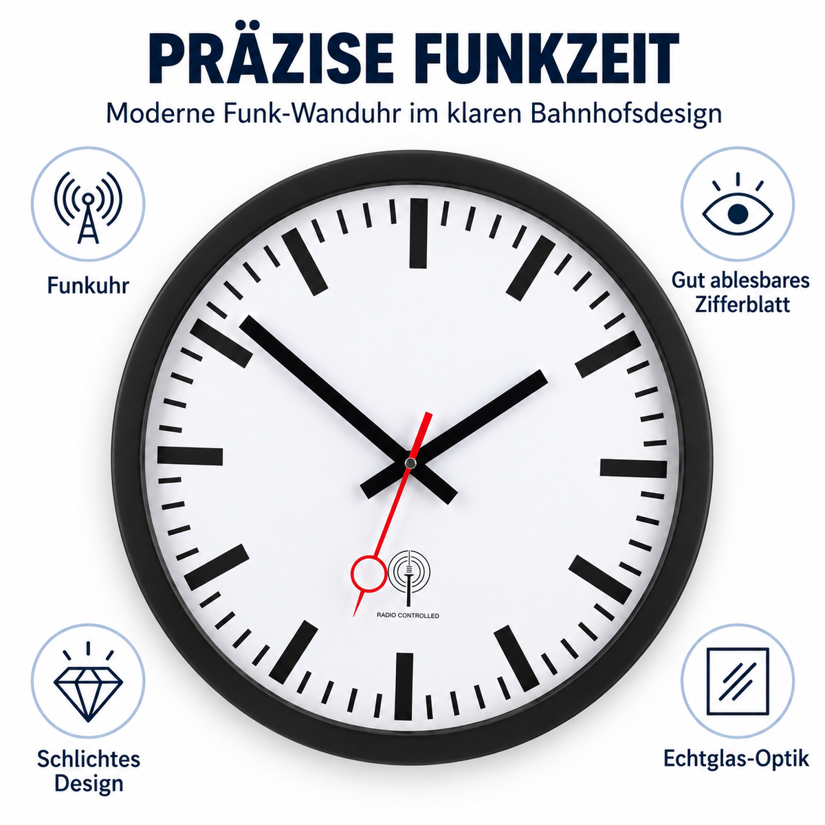 Funkwanduhr im Bahnhofsdesign, 40 cm, Metall und Echtglas – 56861