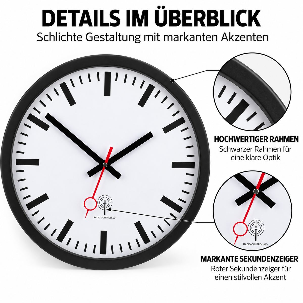 Funkwanduhr im Bahnhofsdesign, 40 cm, Metall und Echtglas – 56861