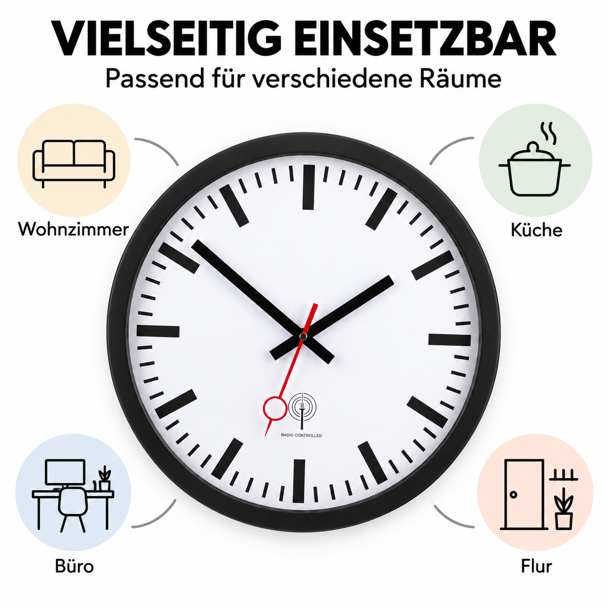 Funkwanduhr im Bahnhofsdesign, 40 cm, Metall und Echtglas – 56861