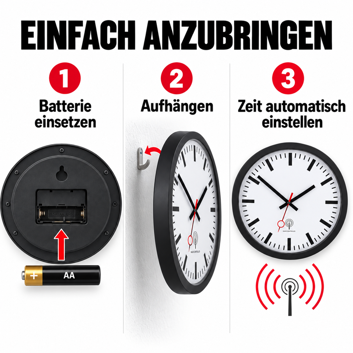 Funkwanduhr im Bahnhofsdesign, 40 cm, Metall und Echtglas – 56861