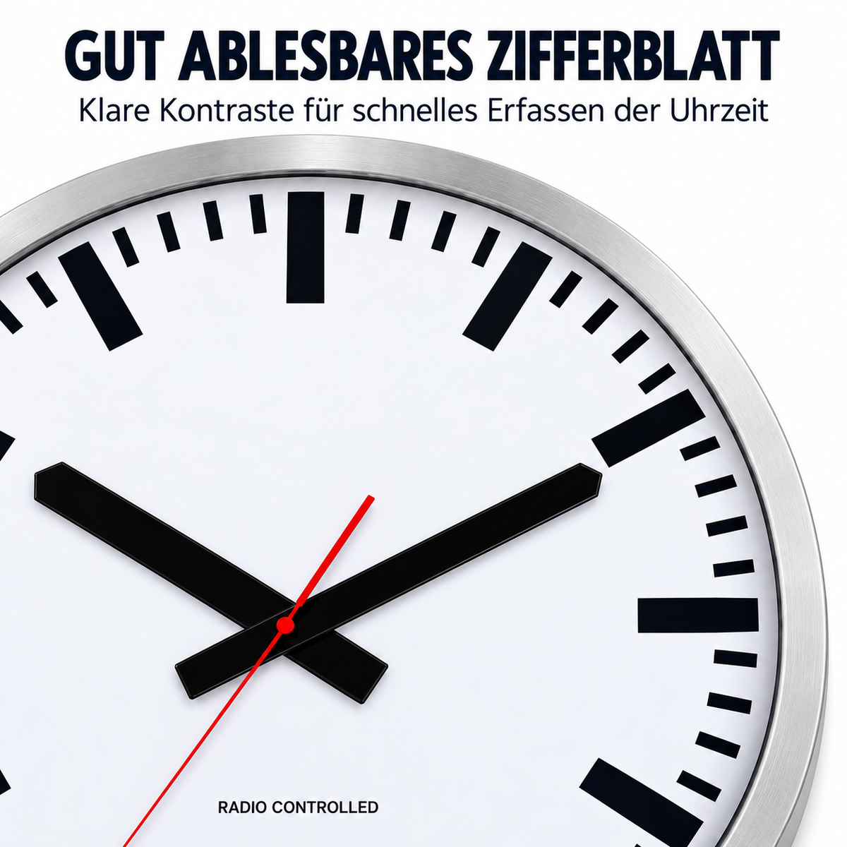 Funkwanduhr im Bahnhofsdesign, 50 cm, Aluminium und Echtglas – 56865