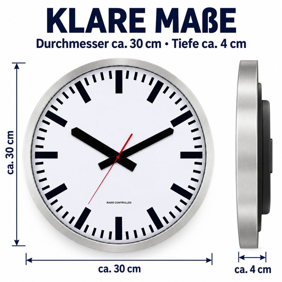 Funkwanduhr im Bahnhofsdesign, 50 cm, Aluminium und Echtglas – 56865