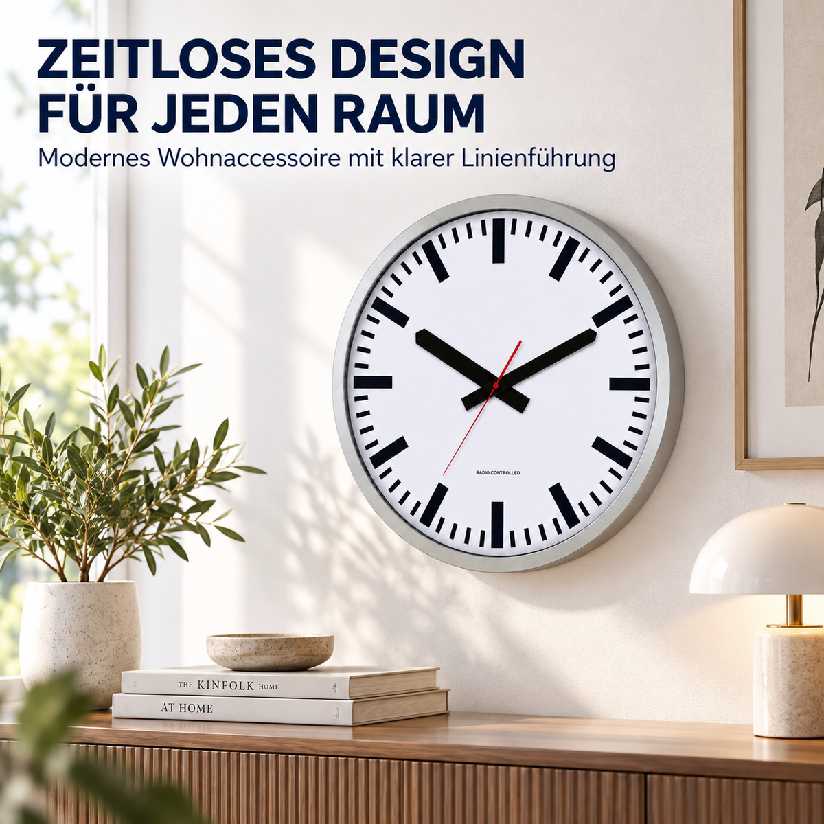 Funkwanduhr im Bahnhofsdesign, 50 cm, Aluminium und Echtglas – 56865