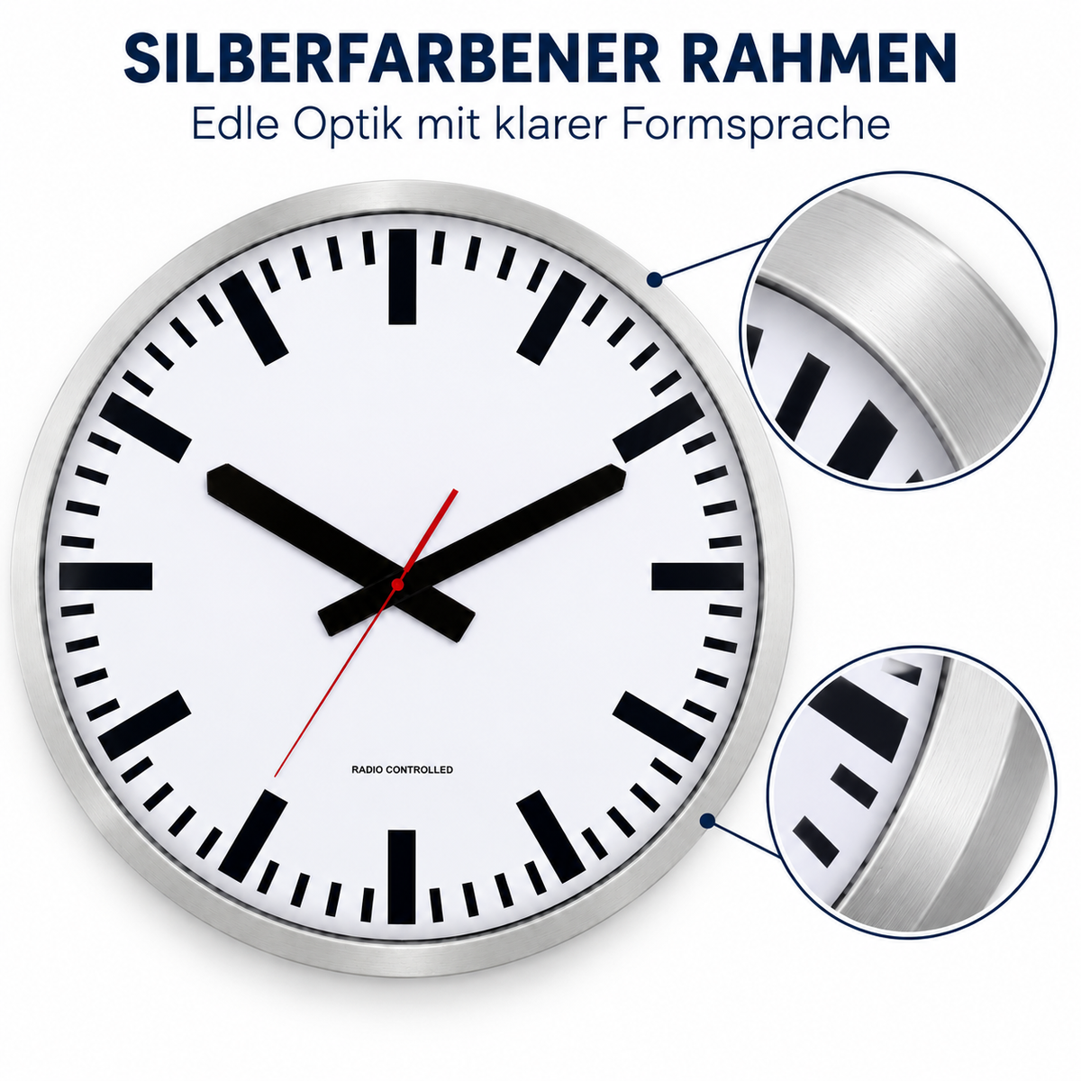 Funkwanduhr im Bahnhofsdesign, 50 cm, Aluminium und Echtglas – 56865
