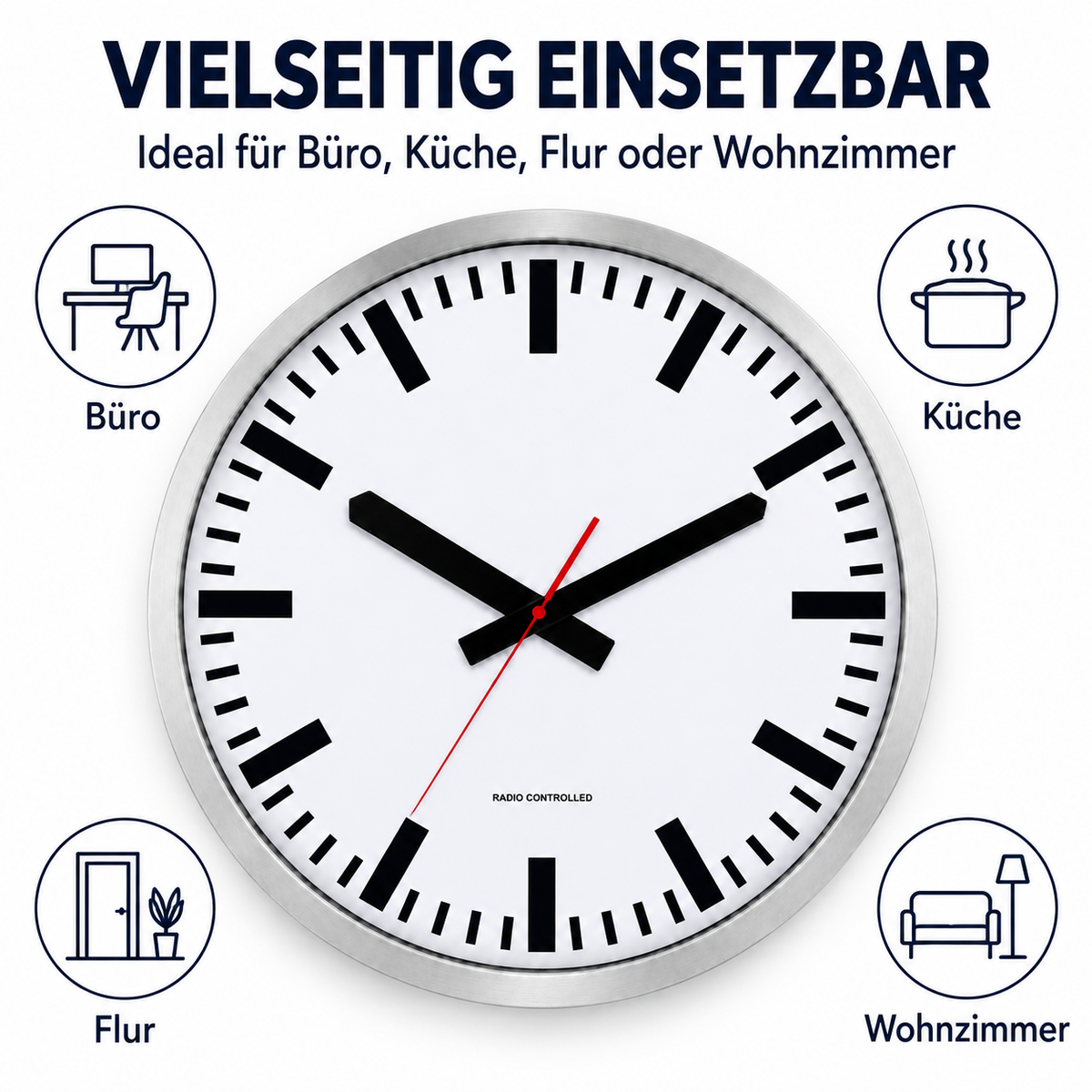 Funkwanduhr im Bahnhofsdesign, 50 cm, Aluminium und Echtglas – 56865