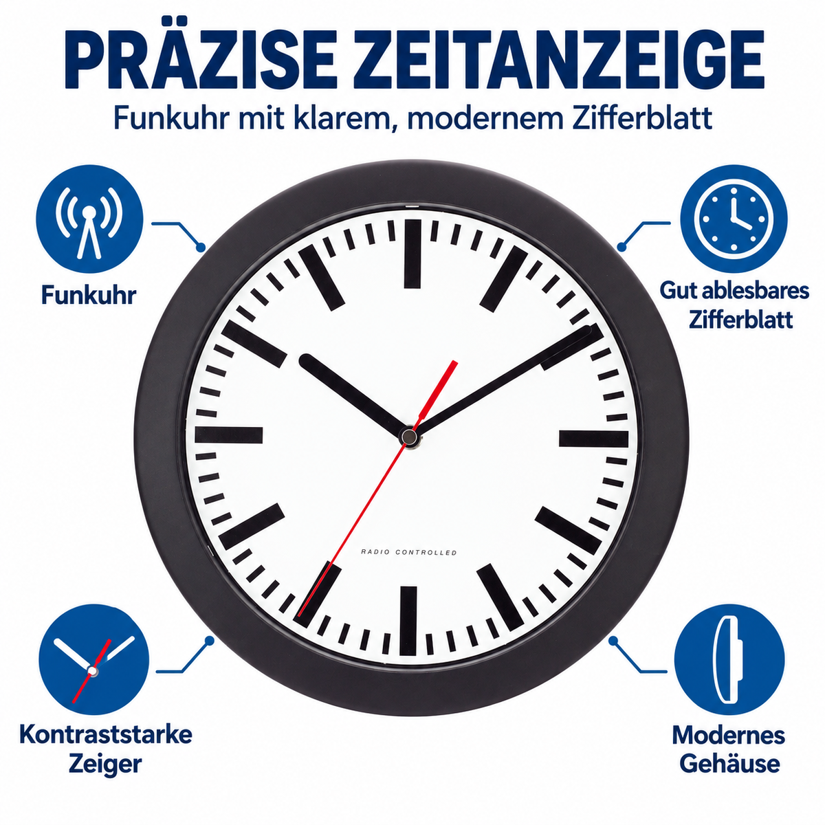 Funkwanduhr im Bahnhofsdesign, 25 cm, Schwarz – 53851