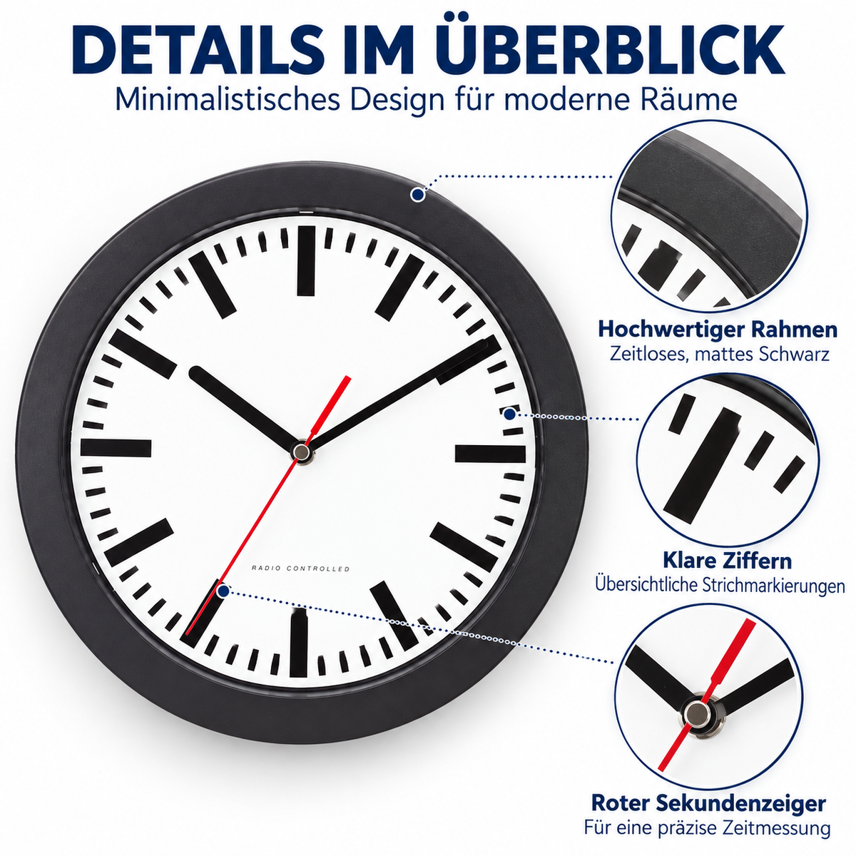 Funkwanduhr im Bahnhofsdesign, 25 cm, Schwarz – 53851