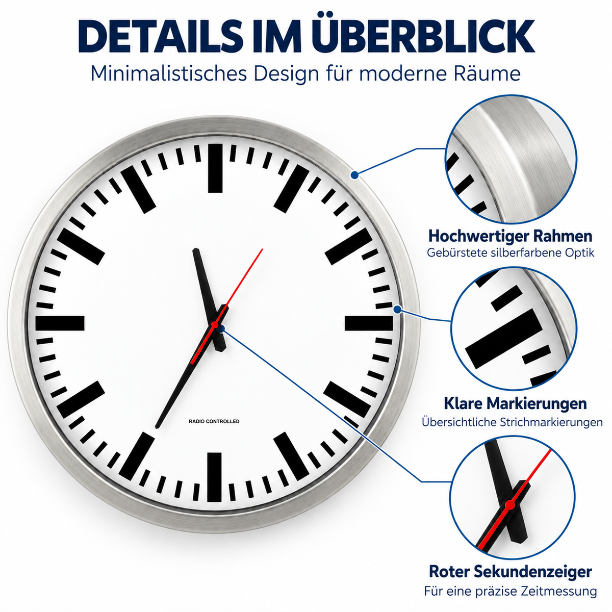 Funkwanduhr im Bahnhofsdesign, 50 cm, Aluminium und Echtglas – 56864