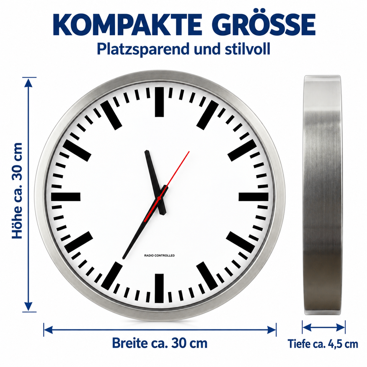 Funkwanduhr im Bahnhofsdesign, 50 cm, Aluminium und Echtglas – 56864