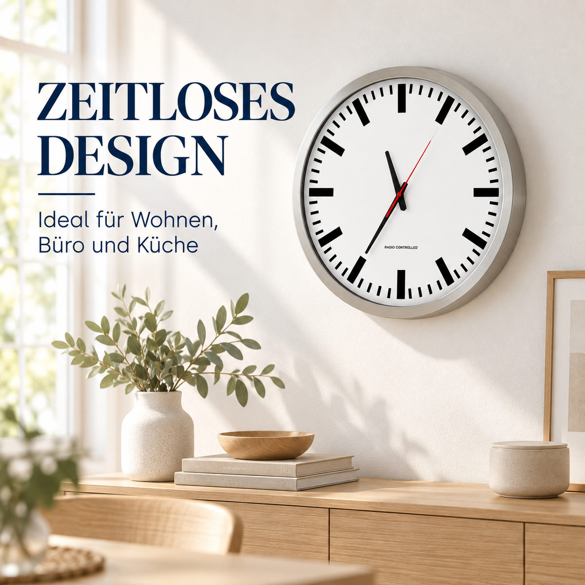 Funkwanduhr im Bahnhofsdesign, 50 cm, Aluminium und Echtglas – 56864