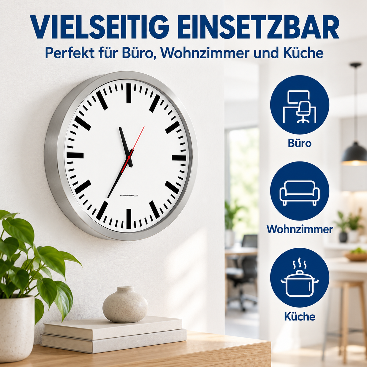 Funkwanduhr im Bahnhofsdesign, 50 cm, Aluminium und Echtglas – 56864