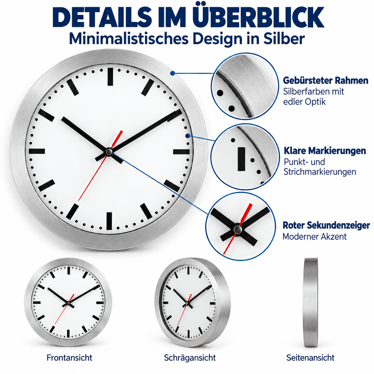 Funkwanduhr im Bahnhofsdesign, 30 cm, Aluminium und Echtglas – 59001