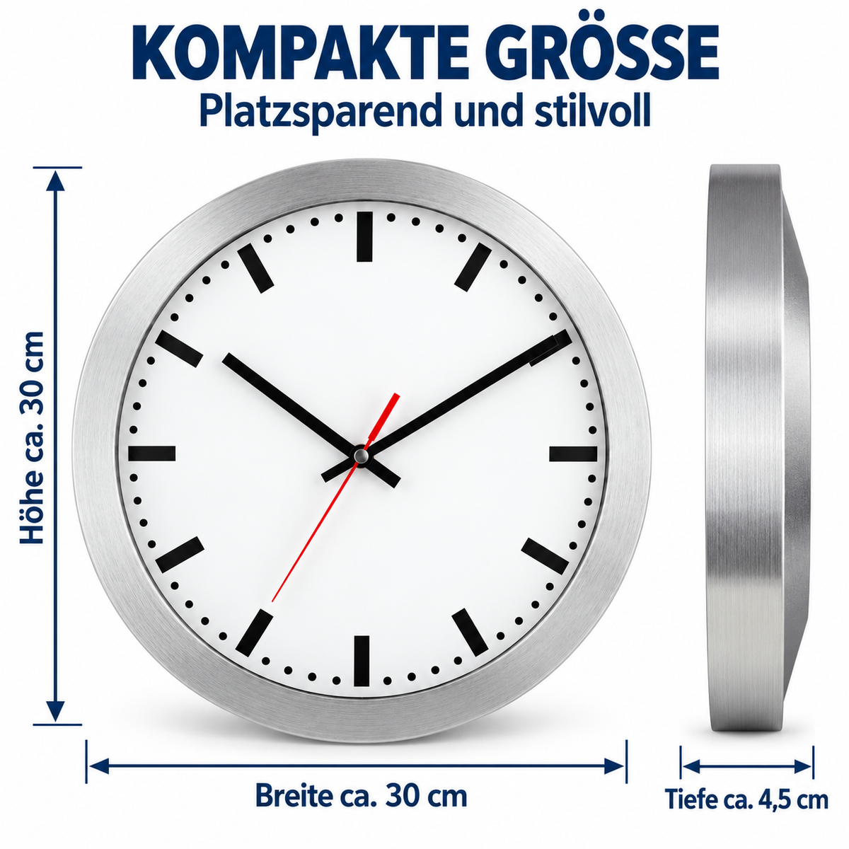 Funkwanduhr im Bahnhofsdesign, 30 cm, Aluminium und Echtglas – 59001