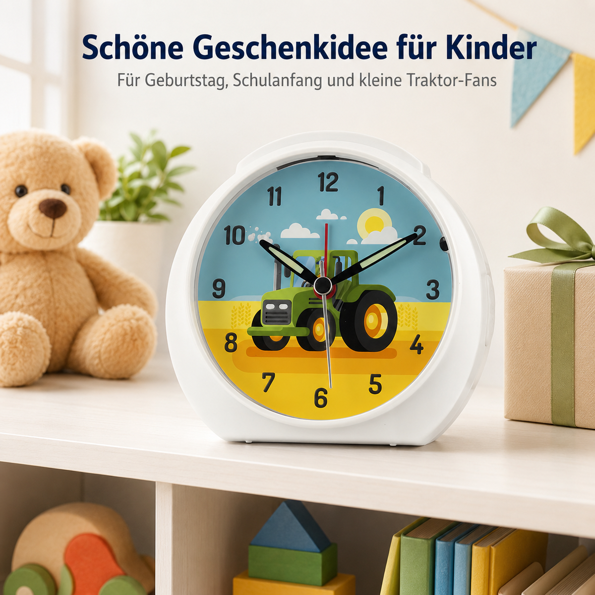 Kinder-Quarzwecker mit Traktormotiv, schleichender Sekunde, Licht & Snooze – 20113