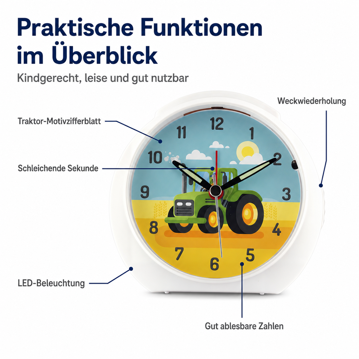 Kinder-Quarzwecker mit Traktormotiv, schleichender Sekunde, Licht & Snooze – 20113