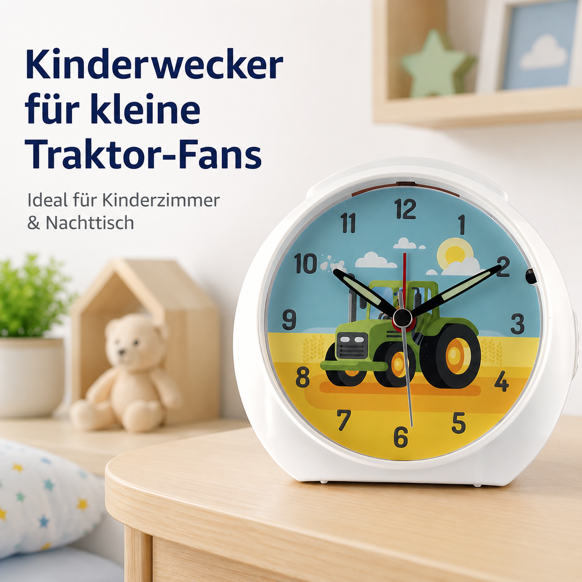 Kinder-Quarzwecker mit Traktormotiv, schleichender Sekunde, Licht & Snooze – 20113