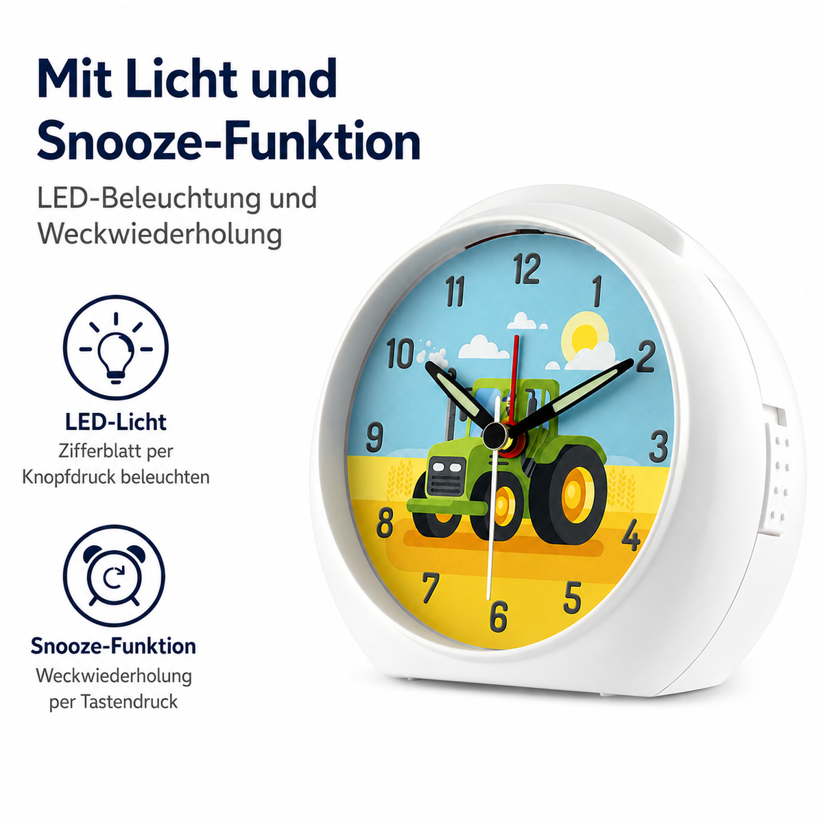 Kinder-Quarzwecker mit Traktormotiv, schleichender Sekunde, Licht & Snooze – 20113