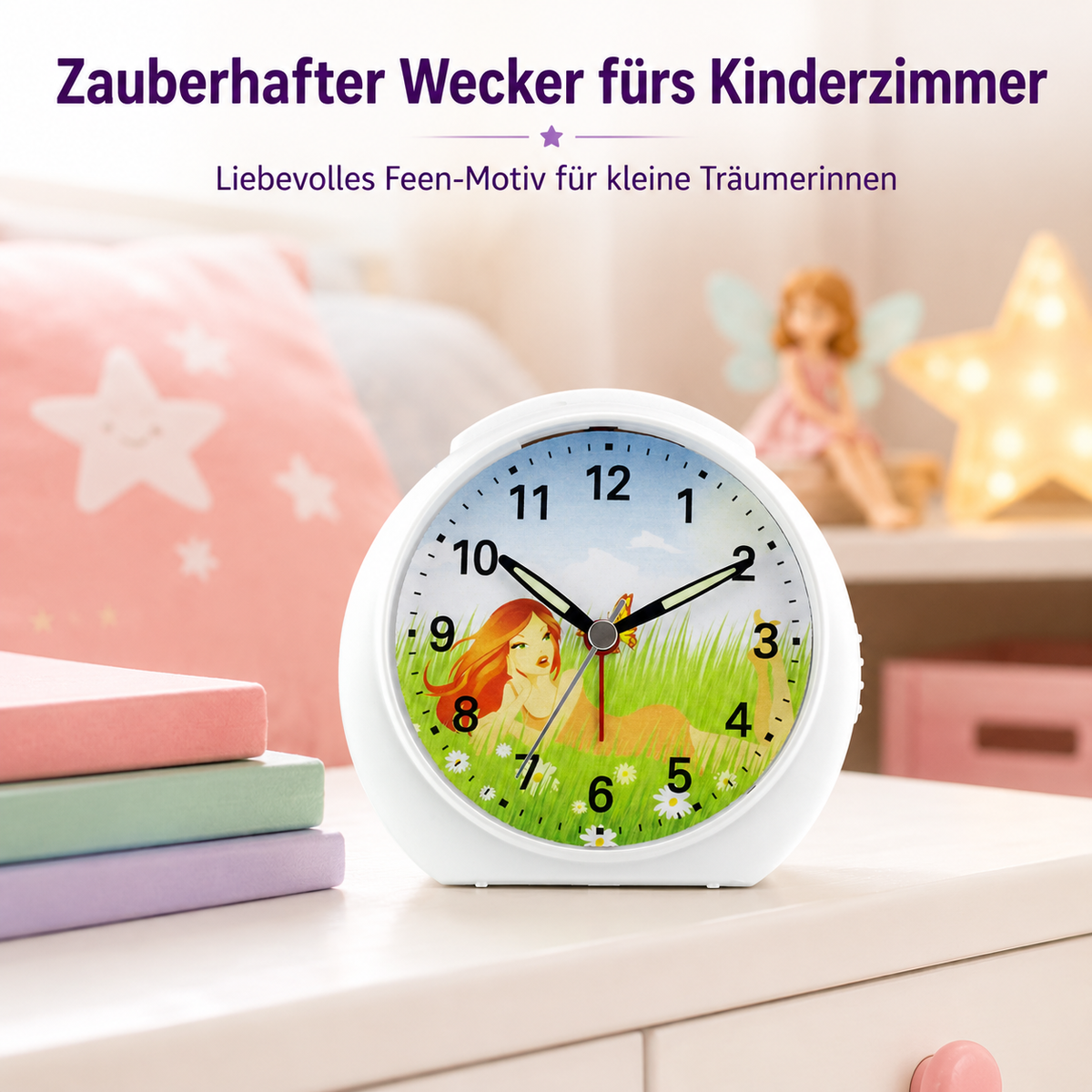 Kinder-Quarzwecker mit Feenmotiv, schleichender Sekunde, Licht & Snooze – 20123