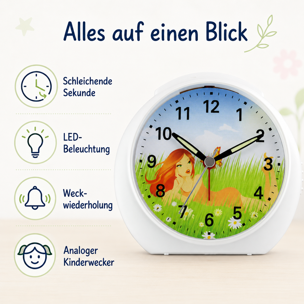 Kinder-Quarzwecker mit Feenmotiv, schleichender Sekunde, Licht & Snooze – 20123