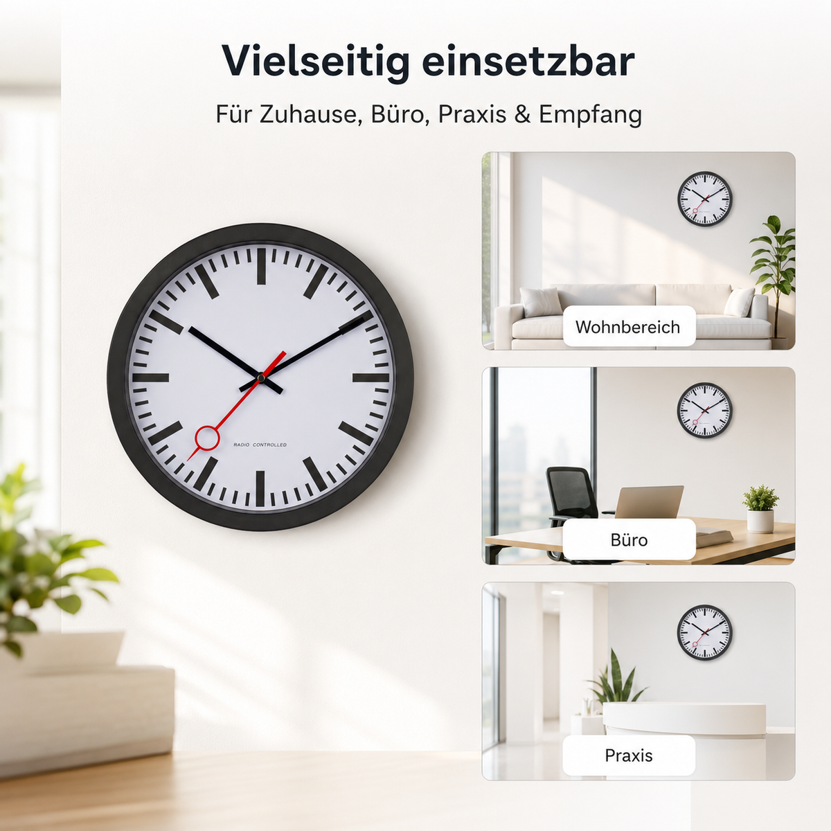 Funkwanduhr im Bahnhofsdesign, 30 cm, Kunststoff und Echtglas – 53832