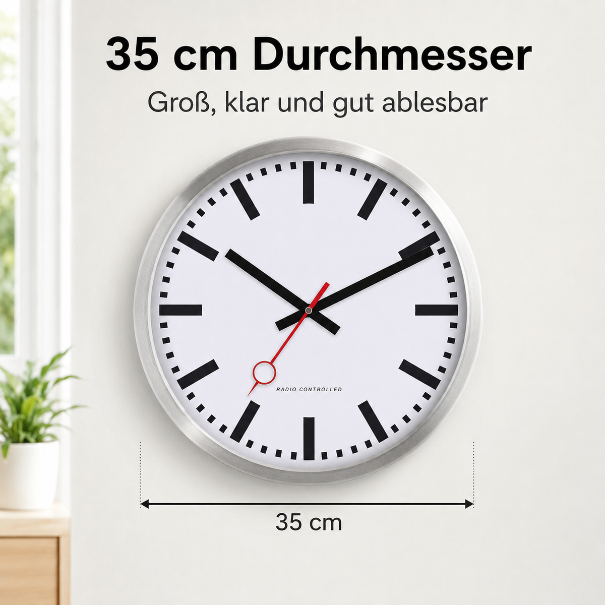 Funkwanduhr im Bahnhofsdesign, 35 cm, Metall und Echtglas - 59530