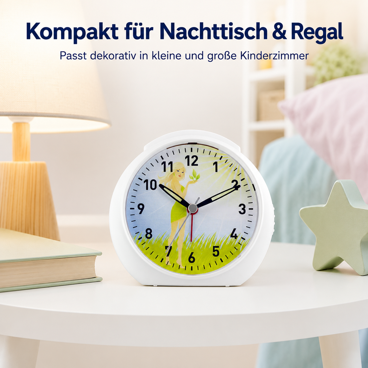 Kinder-Quarzwecker mit Feenmotiv, schleichender Sekunde, Licht & Snooze – 20122