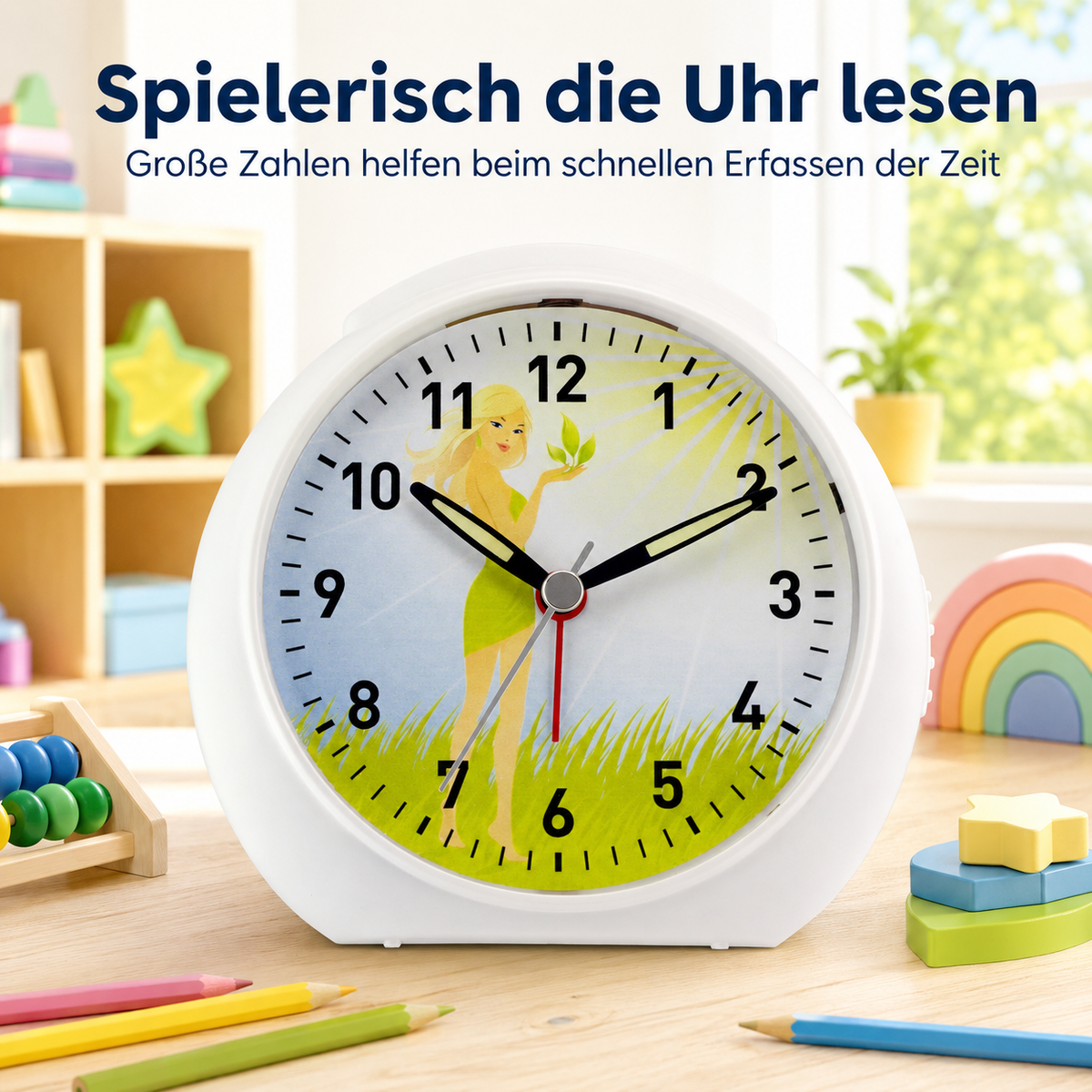 Kinder-Quarzwecker mit Feenmotiv, schleichender Sekunde, Licht & Snooze – 20122