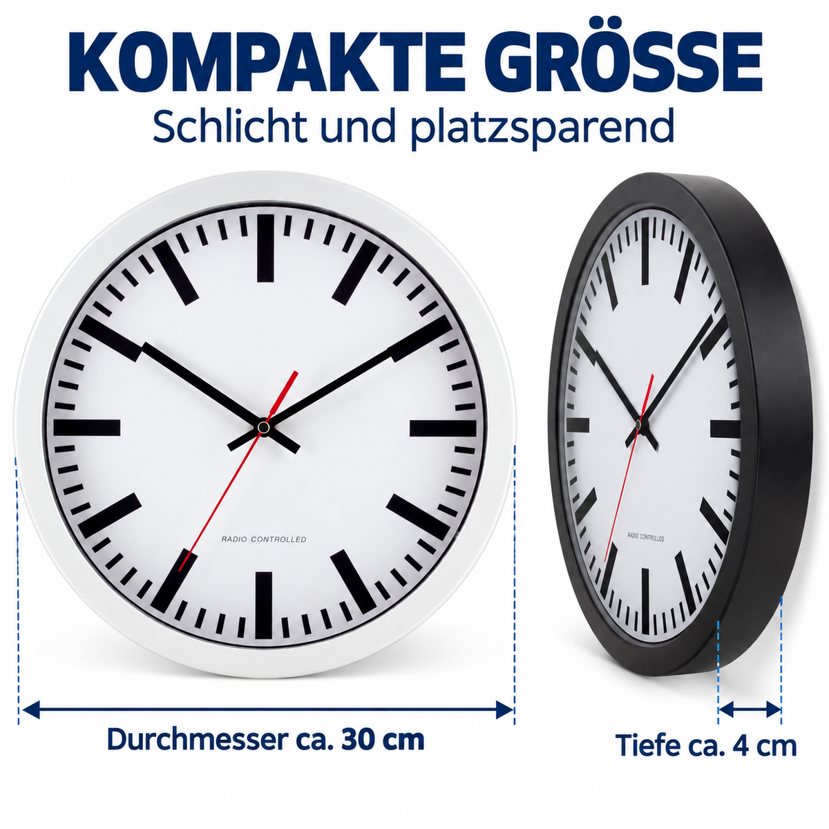 Funkwanduhr im Bahnhofsdesign, 30 cm, Kunststoff und Echtglas – 53830