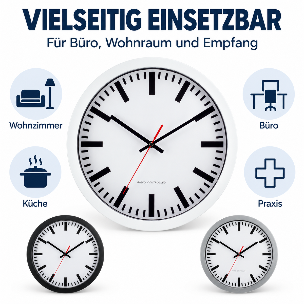 Funkwanduhr im Bahnhofsdesign, 30 cm, Kunststoff und Echtglas – 53830