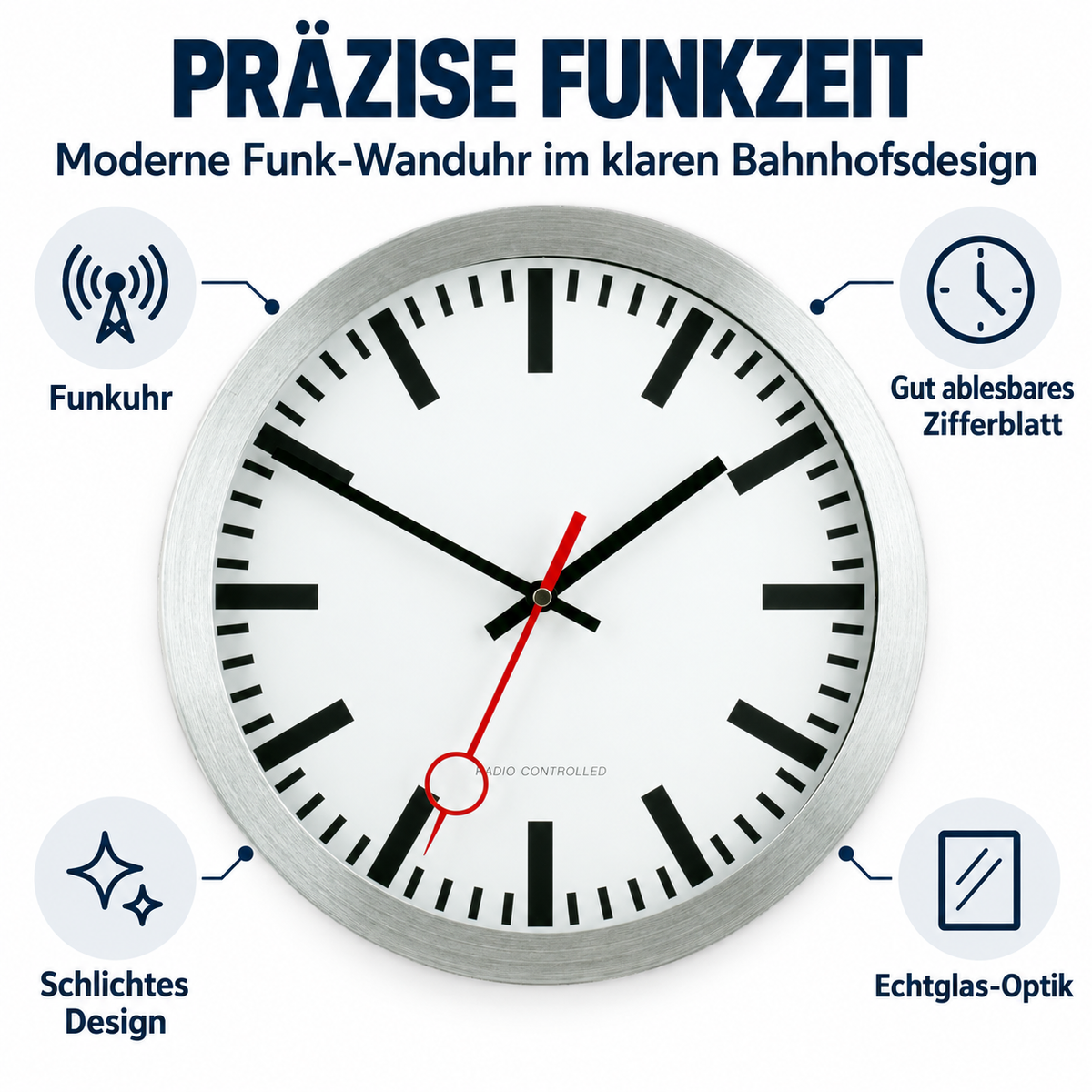 Funkwanduhr im Bahnhofsdesign, 30 cm, Aluminium und Echtglas – 59002