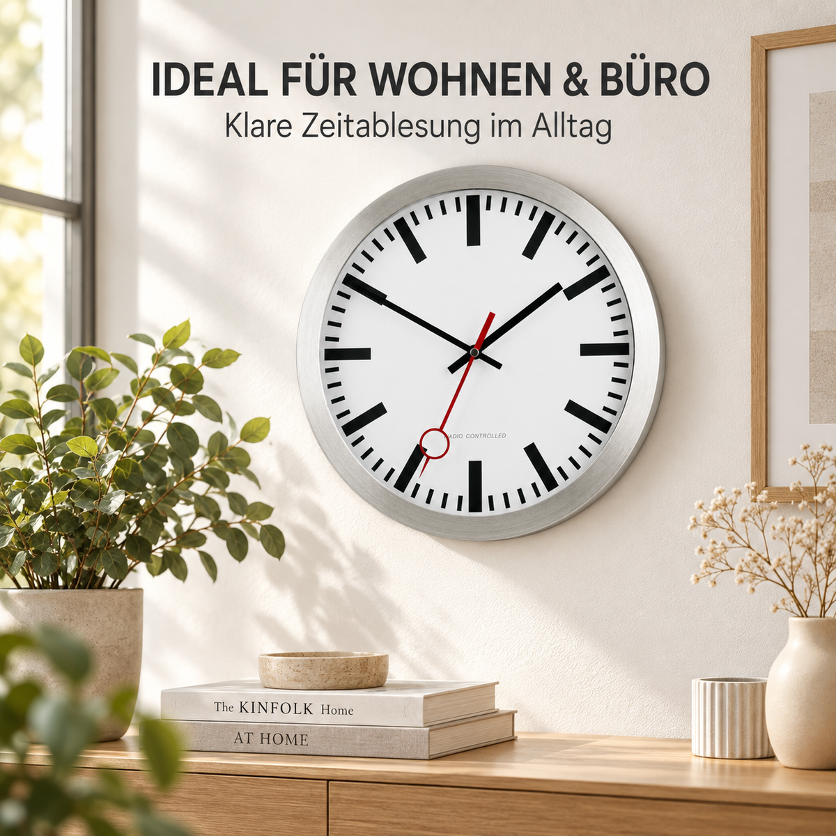 Funkwanduhr im Bahnhofsdesign, 30 cm, Aluminium und Echtglas – 59002