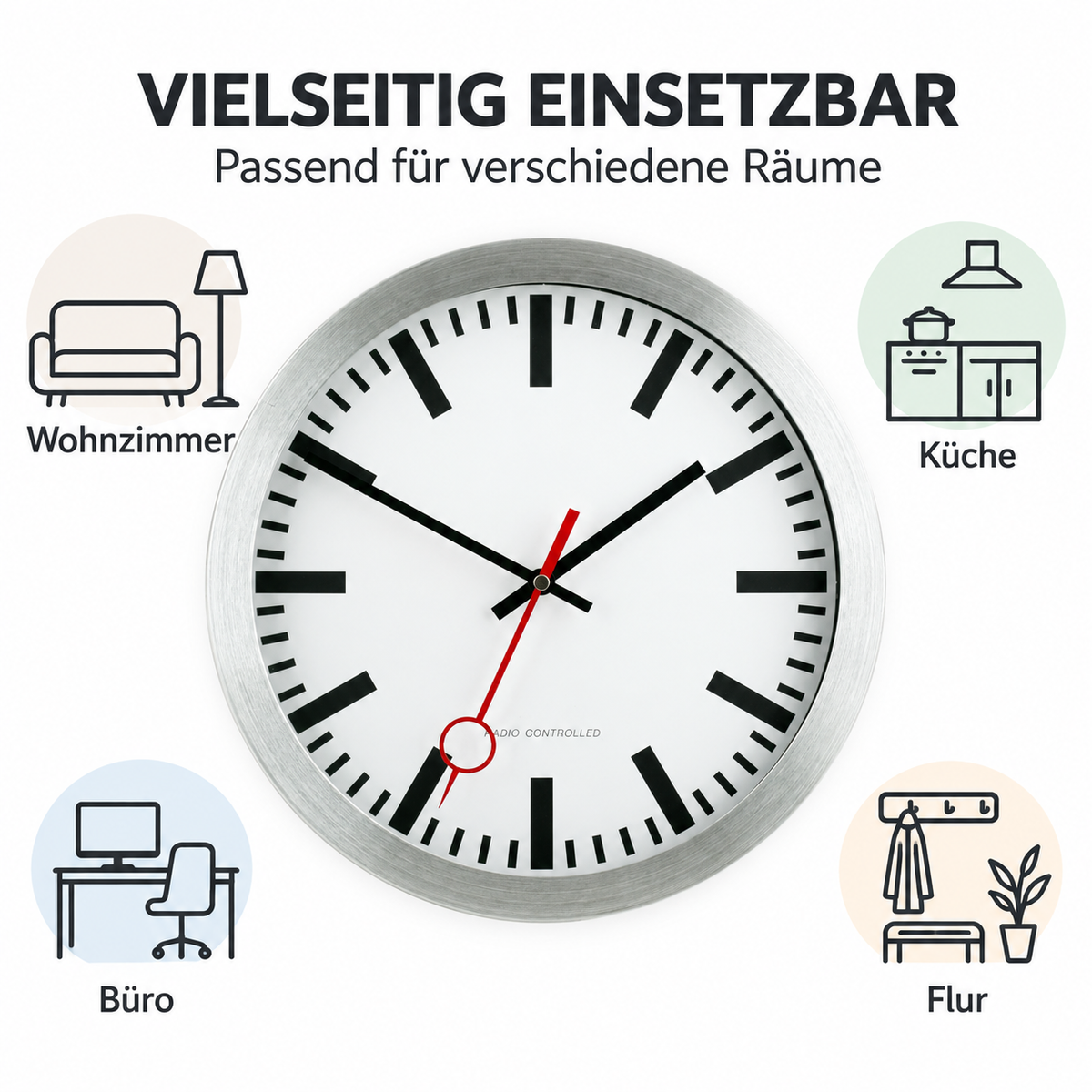 Funkwanduhr im Bahnhofsdesign, 30 cm, Aluminium und Echtglas – 59002