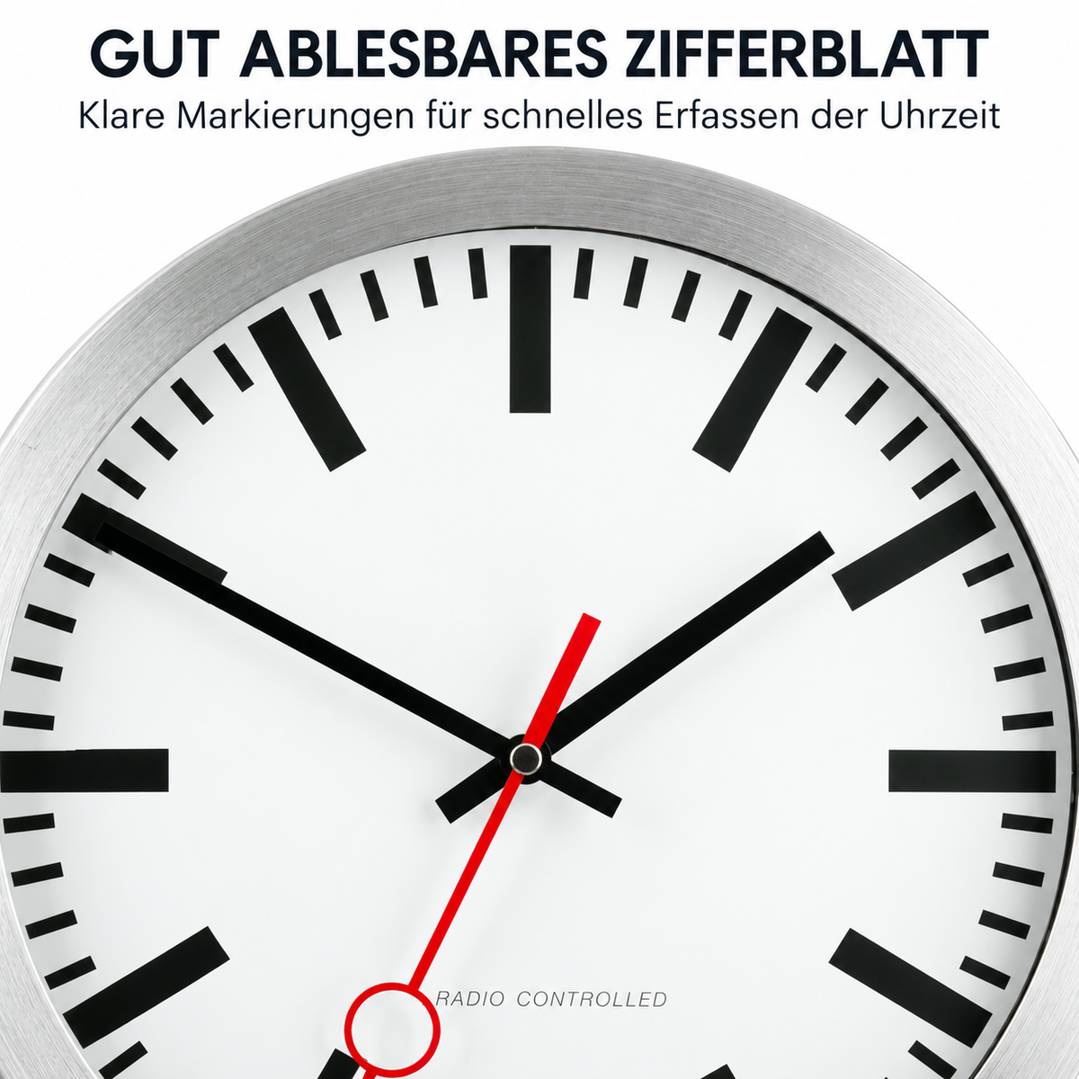 Funkwanduhr im Bahnhofsdesign, 30 cm, Aluminium und Echtglas – 59002