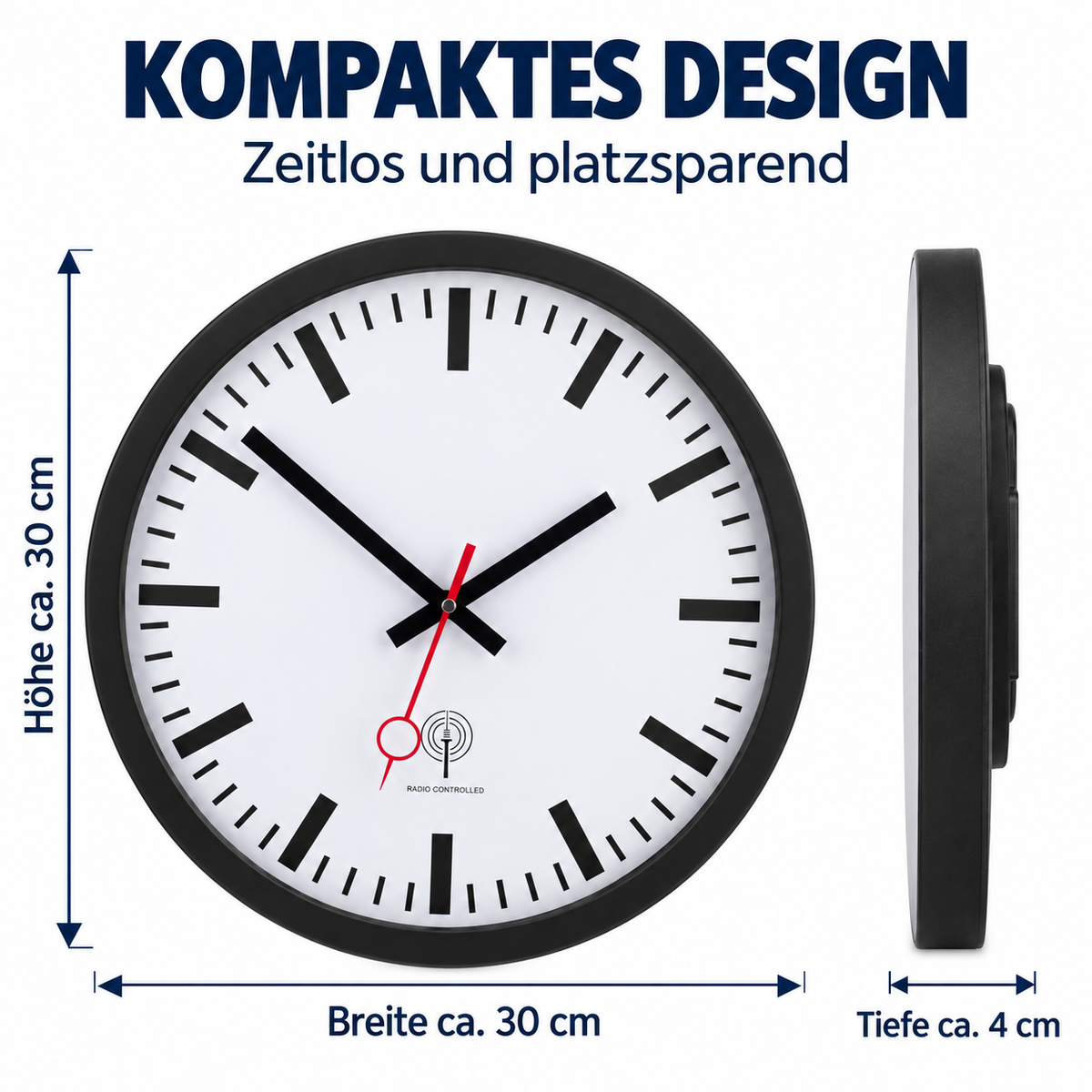 Funkwanduhr im Bahnhofsdesign, 40 cm, Metall und Echtglas – 56861
